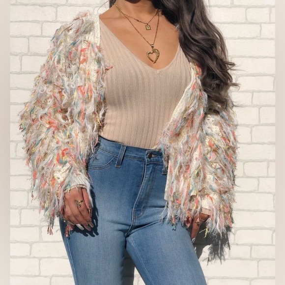 Impeccable Pig Ivory Cream Shaggy Funfetti Fringe Macramé Knit Cardigan Sweater - Picture 2 of 7